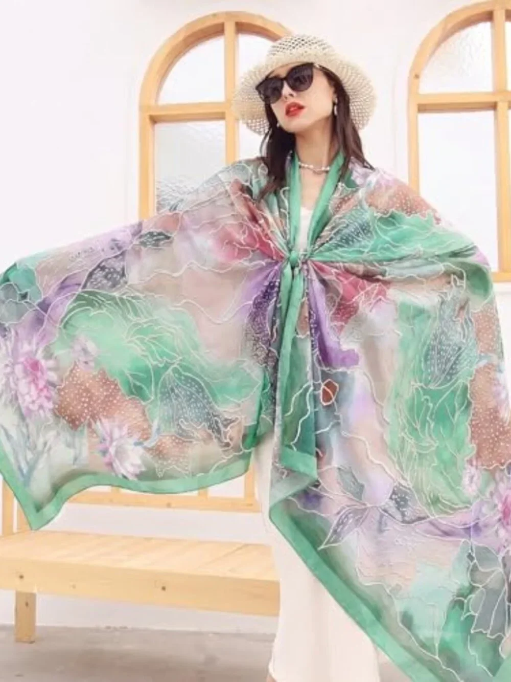 100% Mulberry Satin Silk Floral Pashmina Shawl Wrap Extra Large Oversized Scarf
